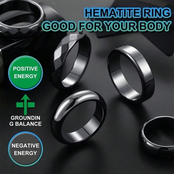 Black Hematite Stone Ring Non Magnetic Men Women Unisex Absorbs Negativity - Picture 3 of 4
